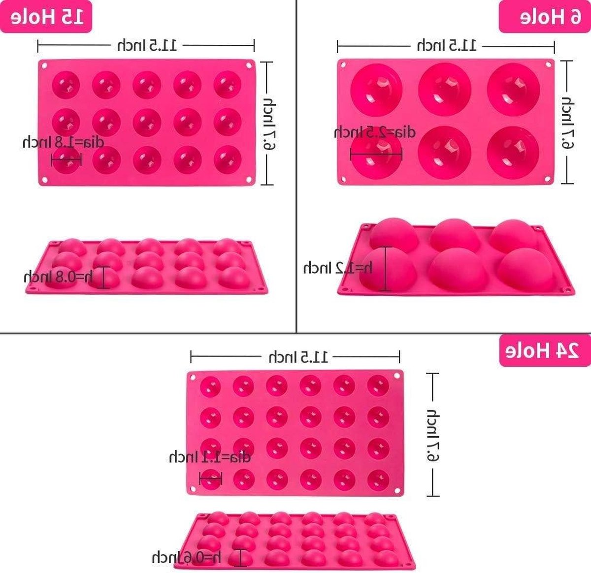 Siliconen halve bolvorm set Taartdecoratie gelei pudding snoep chocolade Maatlepels 6 gaten halve cirkel 15 gaten halve cirkel 24 gaten halve cirkel Ø 7 cm Ø 38 cm Ø 3 cm