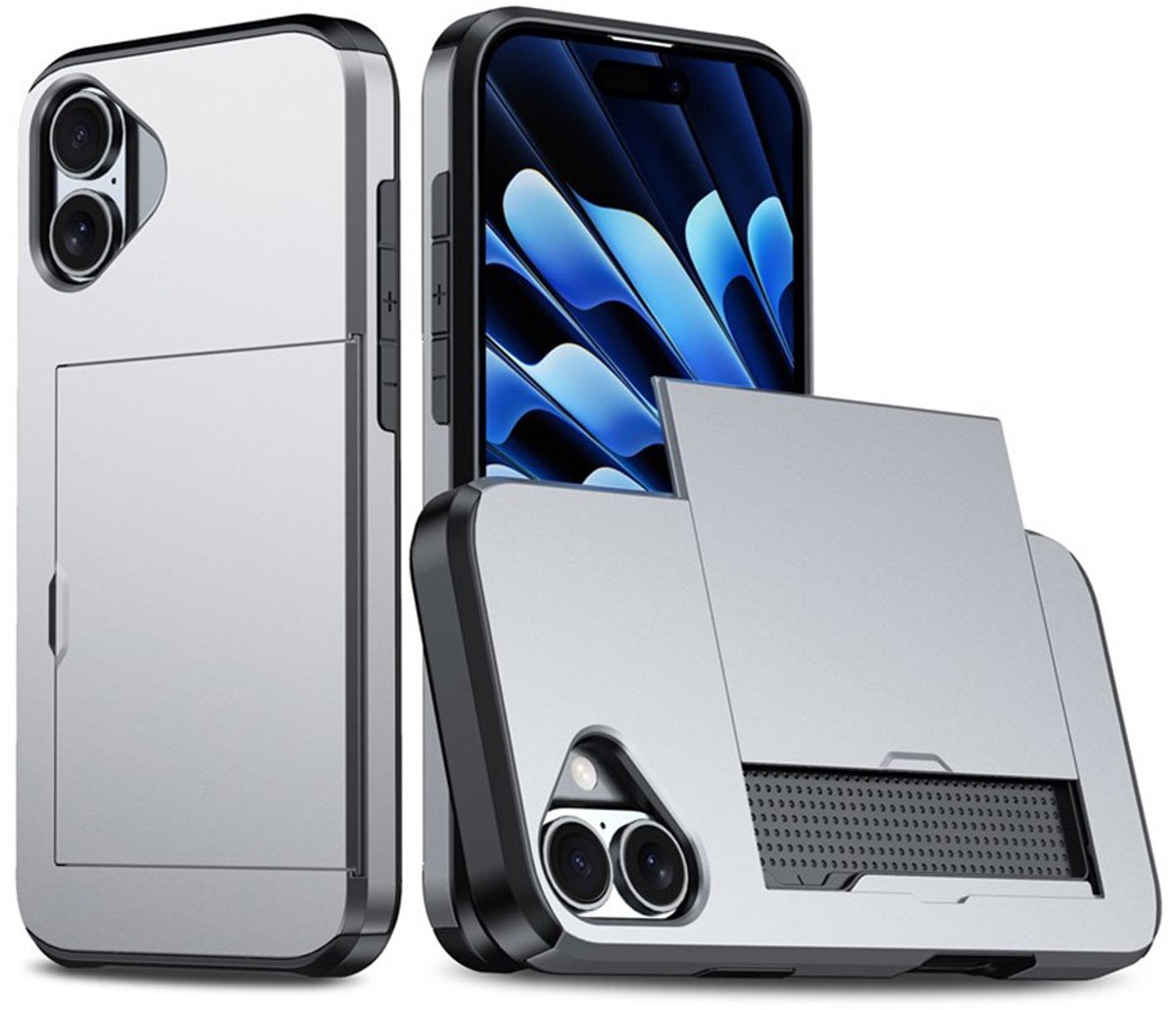 Hybrid Card Case Hoesje geschikt voor iPhone 16 - grijs- Pashouder - Kaarthouder - Pasjes - Kaarten - Duurzaam - Slank
