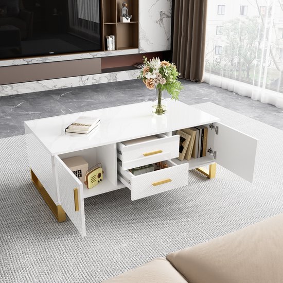 Opklapbare salontafel 90x55x41-54cm met 4 lades, zwart gelakte behuizing, inclusief LED