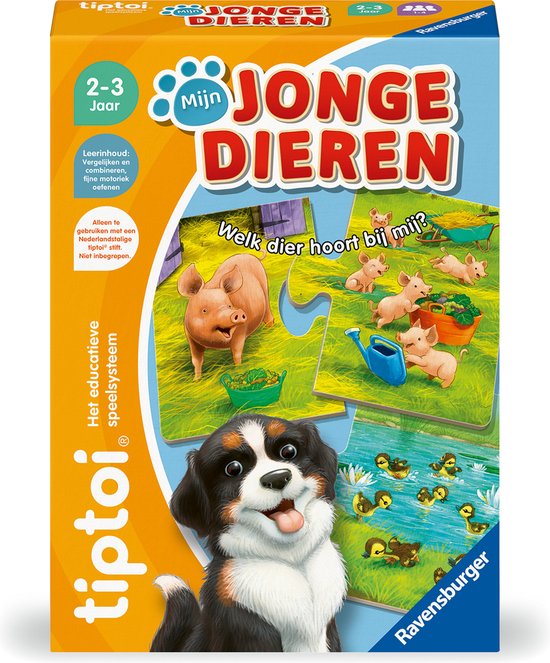 Doos van het spel 'Mijn Jonge Dieren' met een hond, varkens en eenden. Nederlandse tekst.