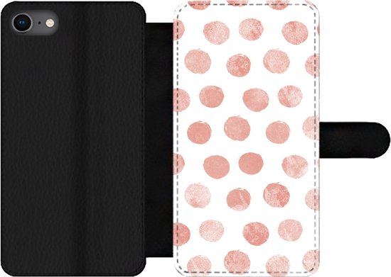 Bookcase Geschikt voor iPhone 7 telefoonhoesje - Stippen - Roze - Wit - Met vakjes - Wallet case met magneetsluiting
