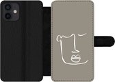 Bookcase Geschikt voor iPhone 12 Mini telefoonhoesje - Lippen - Abstract - Line art - Met vakjes - Wallet case met magneetsluiting