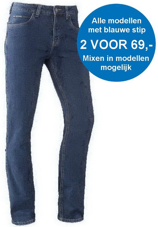 Blauwe stretch jeans voor heren, met opdruk 'Alle modellen met blauwe stip 2 VOOR 69,- Mixen in modellen mogelijk'.