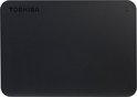 Zwarte Toshiba Canvio Basics externe harde schijf, 2TB, met logo en subtiel statuslampje.