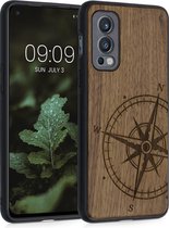 kwmobile telefoonhoesje compatibel met OnePlus Nord 2 5G - Hoesje met bumper in donkerbruin - walnoothout - Vintage Kompas design