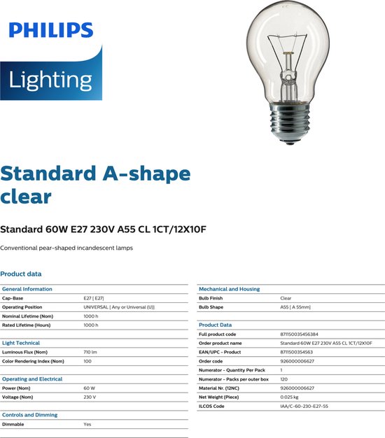 Minst Planeet landen Philips Gloeilampen 60W dimbaar - E27 fitting - Warm wit licht - 710 lumen  - 10 x... | bol.com