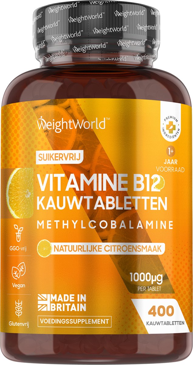 WeightWorld Vitamine B12 kauwtabletten - 1000mcg - 400 tabletten voor meer dan 1 jaar voorraad - Natuurlijke citroensmaak