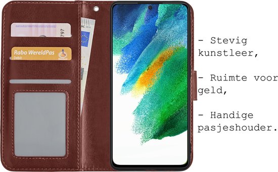 Samsung Galaxy S21 FE Case Bookcase 2x Screen Protector - Samsung Galaxy S21 FE Case Cover - Samsung Galaxy S21 FE Screen Protector 2x - Marron