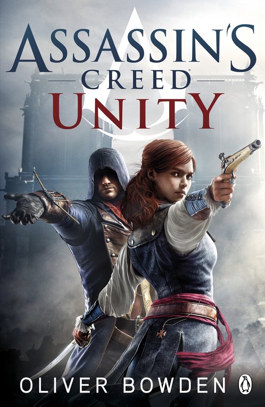 De cover van het boek 'Assassin's Creed Unity' met een man en vrouw in historische kledij, beiden met wapens.