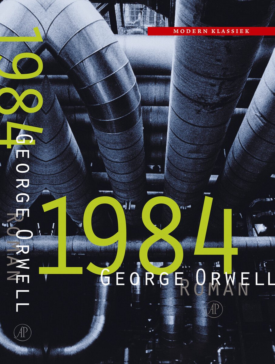 Boekomslag van 1984 van George Orwell, met grote gele cijfers 1984 en rode tekst 'MODERN KLASSIEK'.