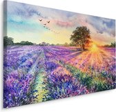 Schilderij - Geschilderd lavendelveld (print op canvas), premium print