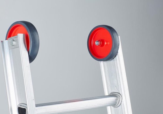 Twee rode wielen met grijze randen aan de bovenkant van een aluminium ladder.