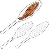 Relaxdays - lot de 3 - grille à poisson - 54 cm - pince à barbecue - forme incurvée - acier inoxydable