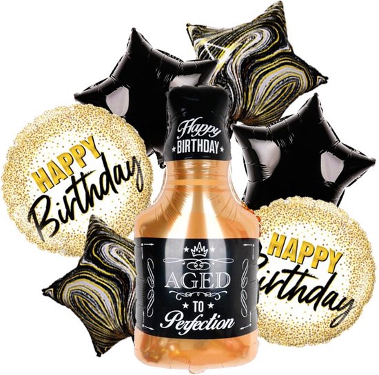 Grote Ballonnenset Whiskey Black & Gold -  7 folieballonnen met lint en rietje - Happy Birthday Feestpakket met XL whiskeyfles ballon - Themafeest mafia roaring twenties casino decoratie - Verjaardag cadeau voor man - Feestversiering man