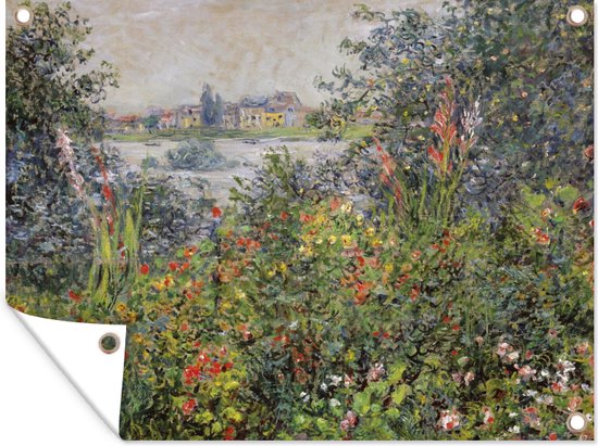 Tuinschilderij Bloemen bij Vetheuil - Schilderij van Claude Monet - 80x60 cm - Tuinposter - Tuindoek - Buitenposter