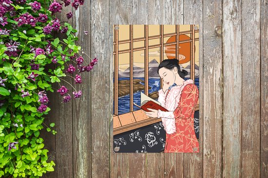 Posters de jardin extérieur dessin d'une femme lisant près de la fenêtre - 60x90 cm - Toile jardin - Affiche extérieure