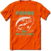 Fishing Has No Age Limit - Vissen T-Shirt | Aqua | Grappig Verjaardag Vis Hobby Cadeau Shirt | Dames - Heren - Unisex | Tshirt Hengelsport Kleding Kado - Oranje - S