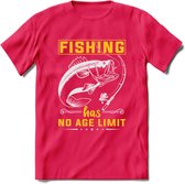 Fishing Has No Age Limit - Vissen T-Shirt | Geel | Grappig Verjaardag Vis Hobby Cadeau Shirt | Dames - Heren - Unisex | Tshirt Hengelsport Kleding Kado - Roze - M