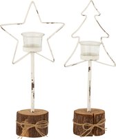 J-Line Theelichthouder Op Boomstam Boom/Ster Glas/Hout Wit/Bruin Assortiment Van Twee / Set van 4 stuks