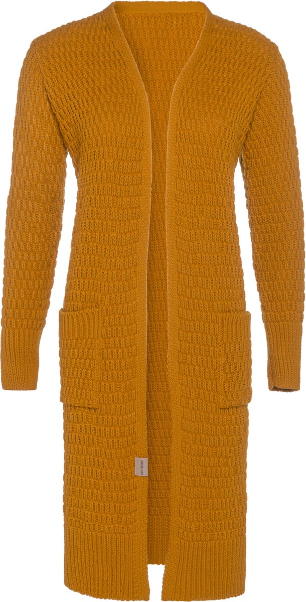 Knit Factory Jaida Lang Gebreid Dames Vest - Grof gebreid geel damesvest - Cardigan voor de herfst en winter - Lang vest tot over de knie - Oker - 36/38 - Met steekzakken