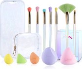 Make Up Brush Set Rainbow 7-Delig - Make Up Borstels Set - Make Up Sponsjes - Schmink Sponsjes - Kwastensets Makeup - 2 Shimmer Etuis + Houder