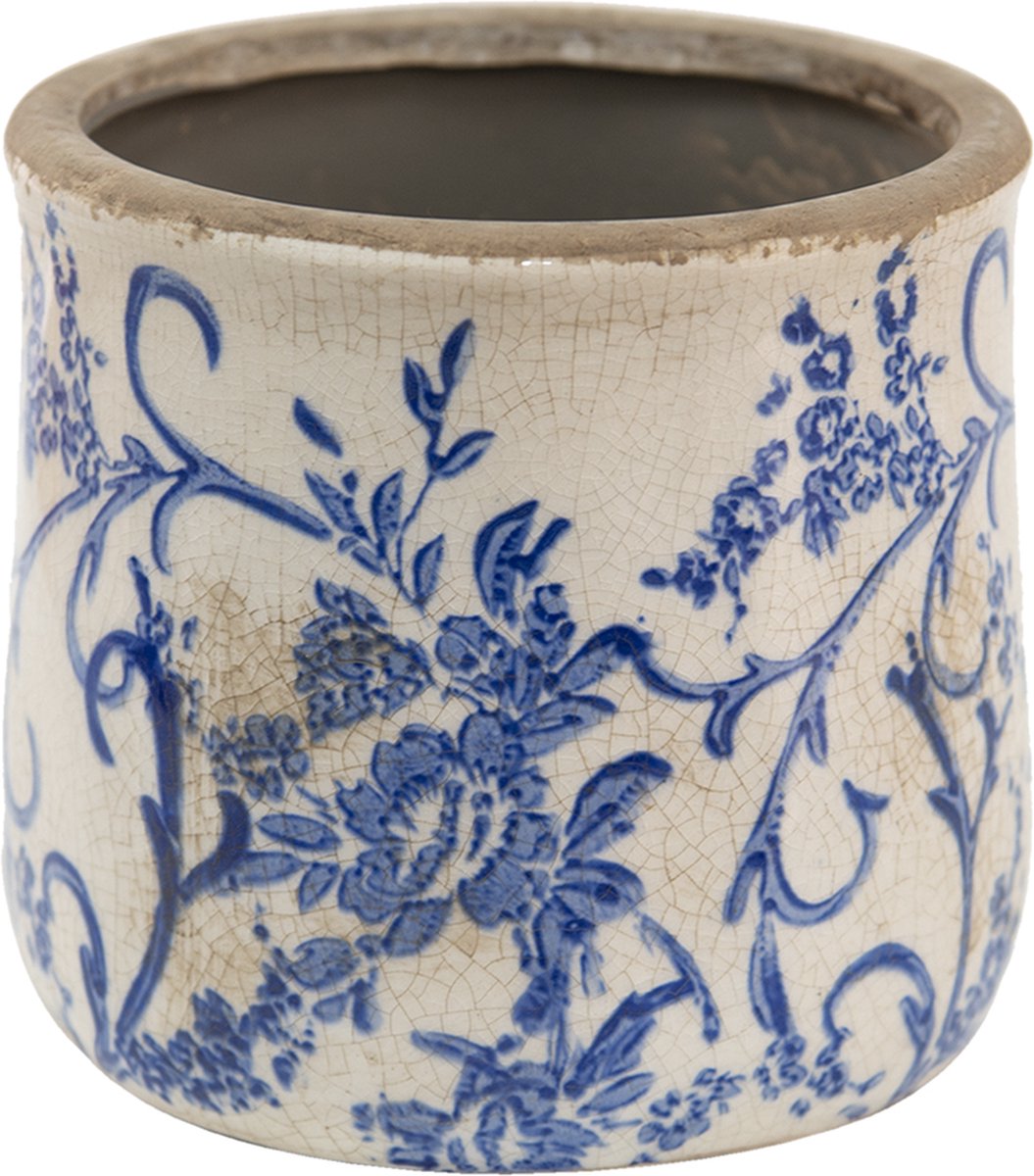 Clayre & Eef Bloempot Ø 17x16 cm Blauw Wit Keramiek Rond Bloemen Bloempot  binnen | bol.com