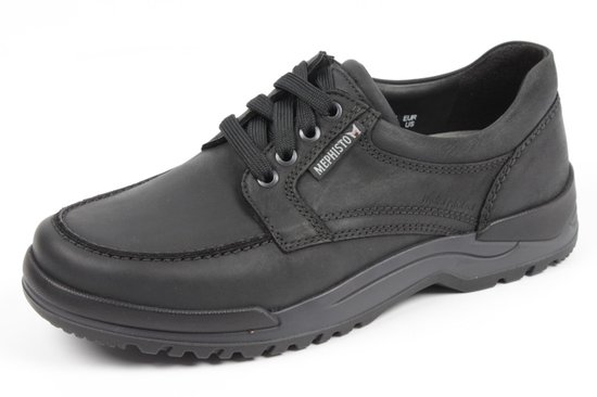 Zwarte Mephisto veterschoen met witte stiksels, 'MEPHISTO' label en 'HYDRO-PROTECT'.