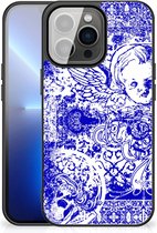 Smartphone Hoesje iPhone 13 Pro Max Back Case TPU Siliconen Hoesje met Zwarte rand Angel Skull Blue
