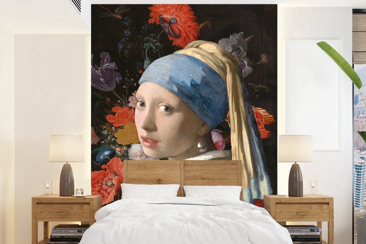 Behang - Fotobehang Meisje met de parel - Vermeer - Bloemen - Breedte 195 cm x hoogte 260 cm