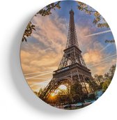 Artaza Houten Muurcirkel - Eiffeltoren In Parijs Tijdens Zonsondergang - Ø 90 cm - Groot - Multiplex Wandcirkel - Rond Schilderij