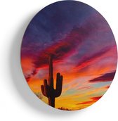 Artaza Houten Muurcirkel - Cactus bij Oranje Zonsondergang - Ø 70 cm - Multiplex Wandcirkel - Rond Schilderij