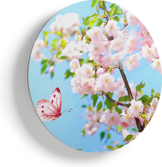 Artaza Houten Muurcirkel - Twee Roze Vlinders Bij Roze Bloesem Bloemen - Ø 70 cm - Multiplex Wandcirkel - Rond Schilderij