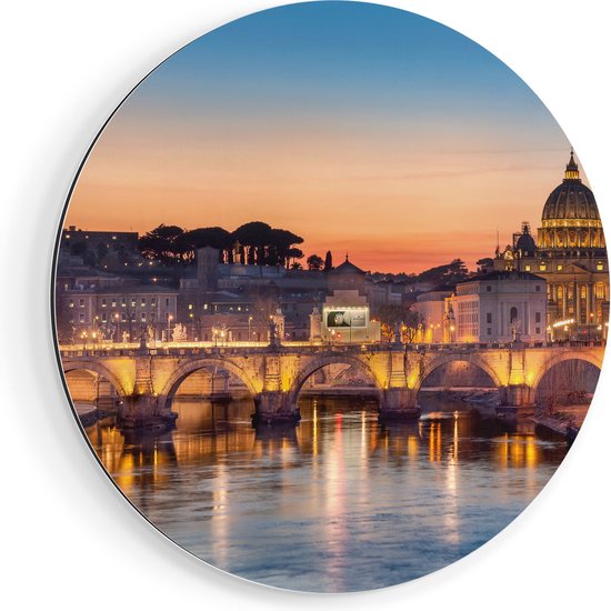 Artaza Dibond Muurcirkel Engelenbrug in Rome bij Zonsondergang - Ø 70 cm - Wandcirkel - Rond Schilderij - Voor Binnen en Buiten