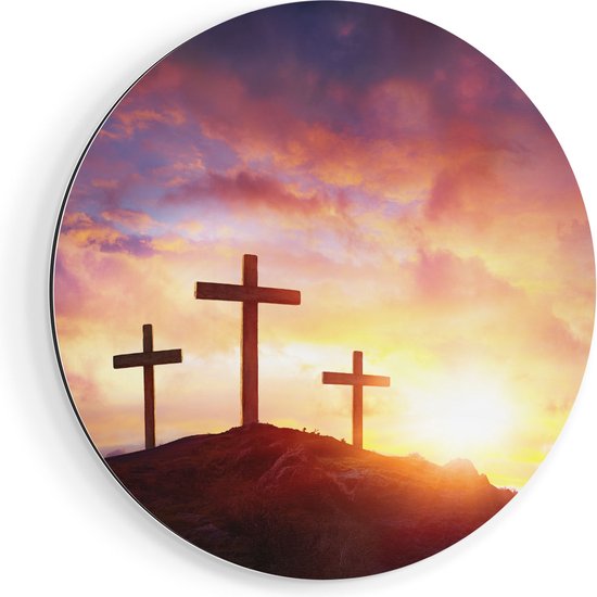 Artaza Dibond Muurcirkel Kruisiging van Jezus Christus - Drie Kruisen - Ø 90 cm - Groot - Wandcirkel - Rond Schilderij - Voor Binnen en Buiten