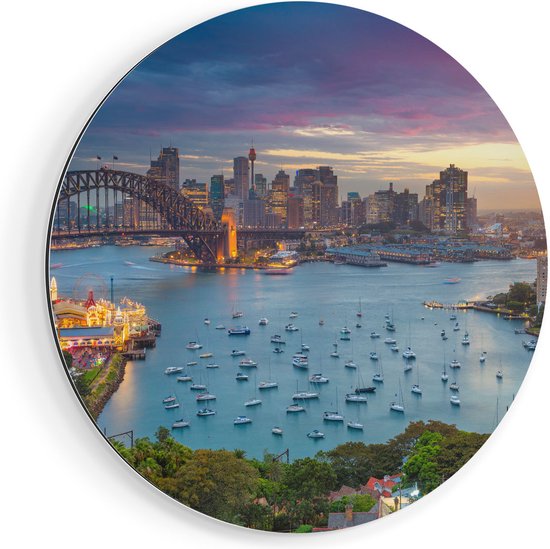 Artaza Dibond Muurcirkel Sydney Harbour Bridge in de Avond - Ø 70 cm - Wandcirkel - Rond Schilderij - Voor Binnen en Buiten