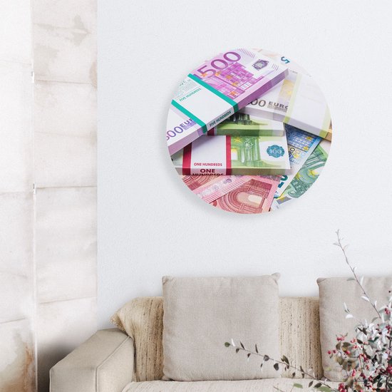 Artaza Dibond Muurcirkel Euro Geld Briefjes - Stapels  - Ø 60 cm - Wandcirkel - Rond Schilderij - Voor Binnen en Buiten