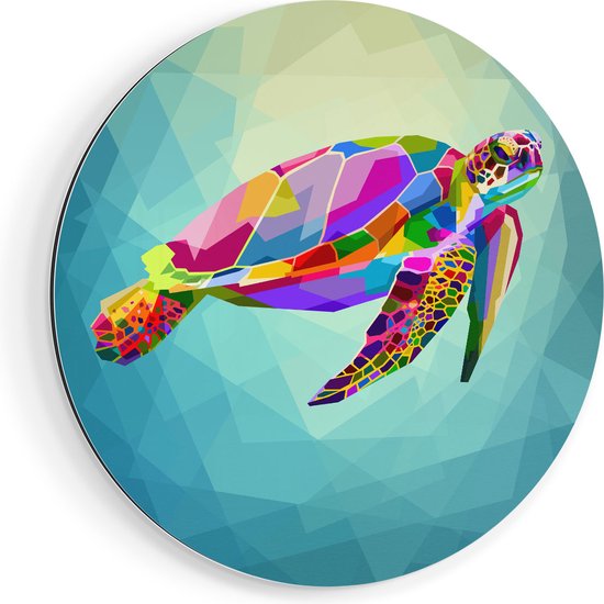 Artaza Muurcirkel - Kleurrijke Schildpad in het Water - Wandcirkel - Rond Schilderij