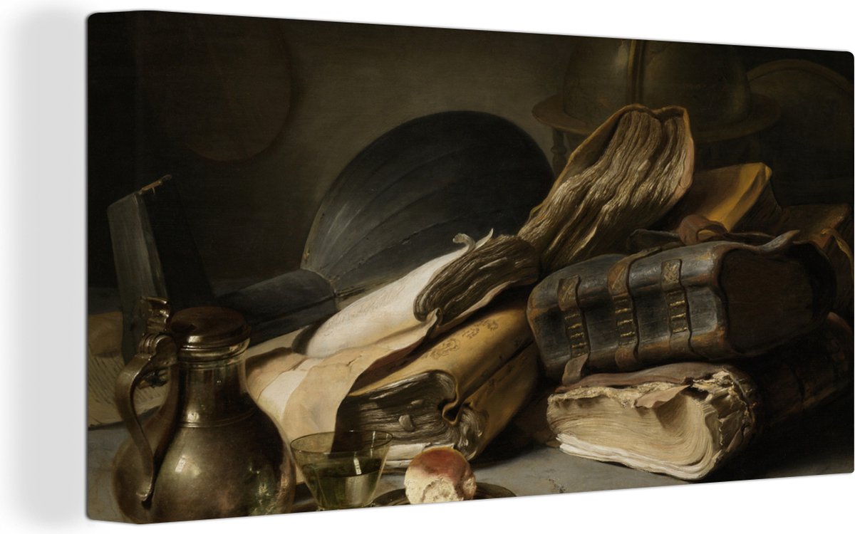 Stilleven schilderij - Boeken - Jan Lievens - Oude meester - Bruin - Canvas stilleven - Stilleven boeken - Wanddecoratie - 40x20 cm - OneMillionCanvasses