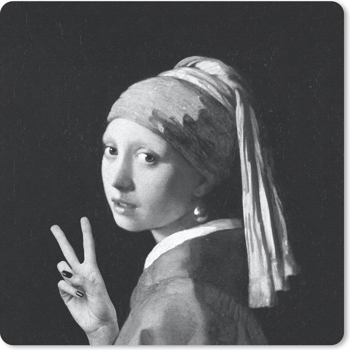 Muismat 20x20 cm - Mousepad Het meisje met de parel - Johannes Vermeer - Zwart - Wit - Muismatten