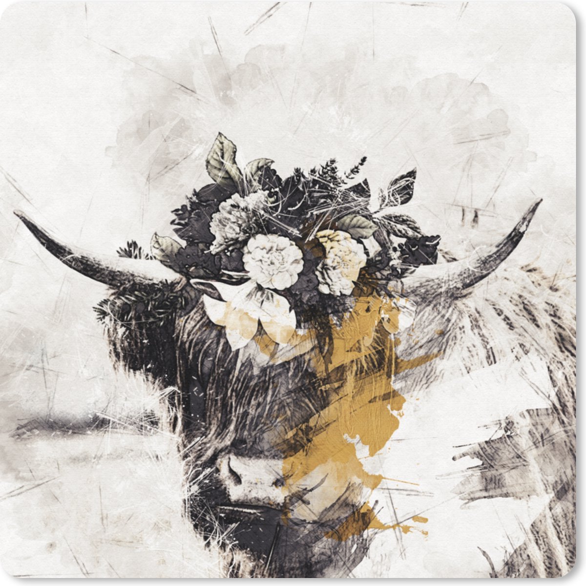 Muismat 20x20 cm - Mousepad Schotse Hooglander - Bloemen - Muismatten