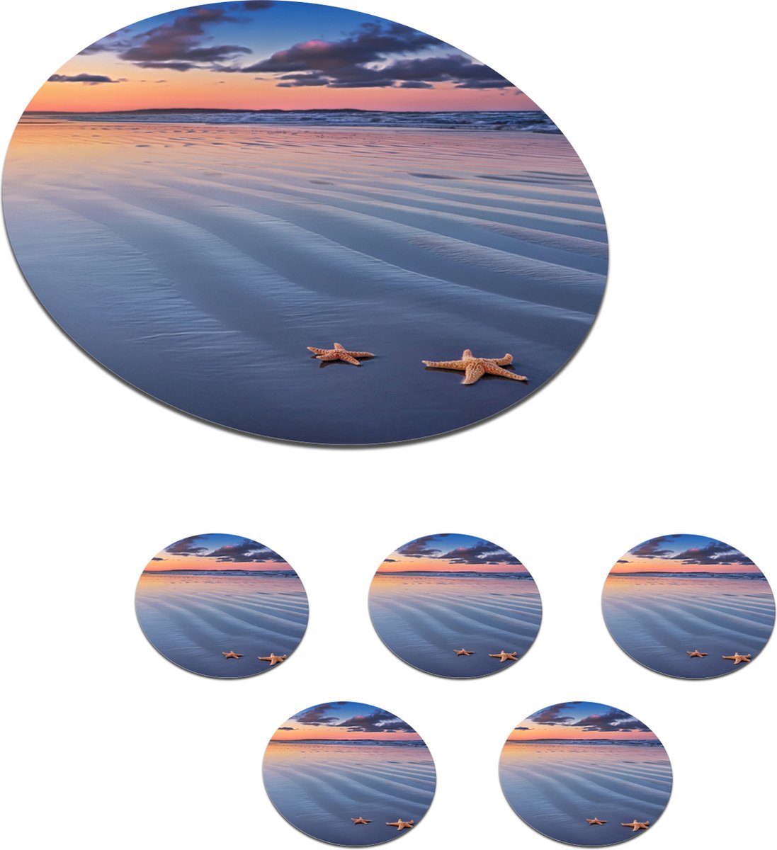 Onderzetters voor glazen - Rond - Zeester - Zon - Strand - 10x10 cm - Glasonderzetters - 6 stuks