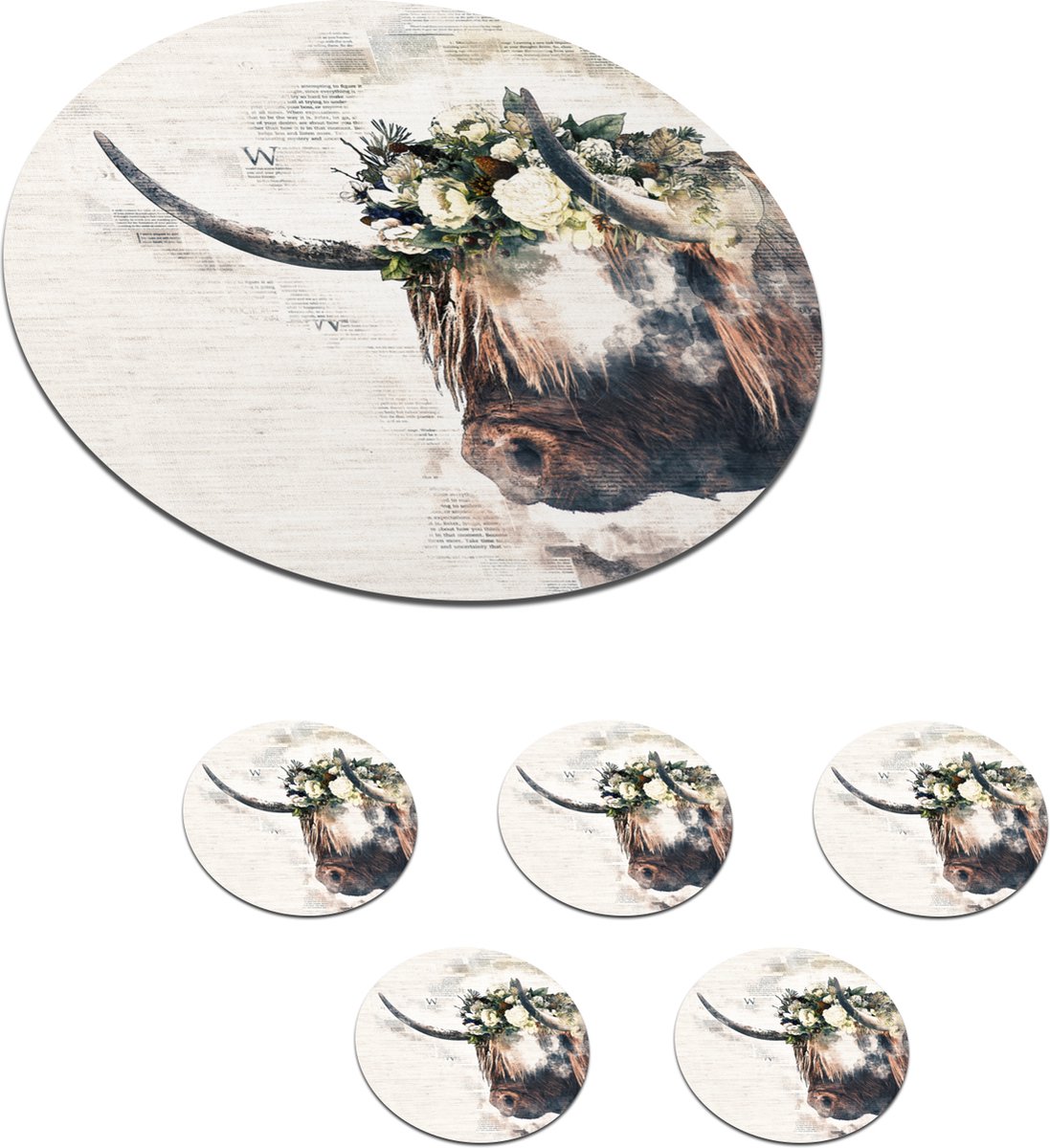 Onderzetters voor glazen - Rond - Schotse Hooglander - Schotse Koe - Bloemen - 10x10 cm - Glasonderzetters - 6 stuks