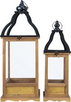 Lantaarns Set van 2 26*26*70 cm Bruin Ijzer, Glas, Hout Vierkant Kaarsenhouder Sfeerverlichting