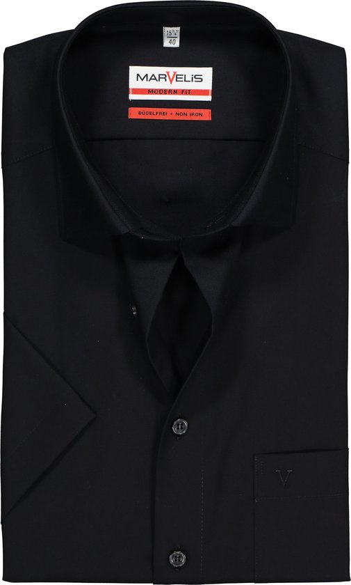 MARVELIS modern fit overhemd - korte mouw - zwart - Strijkvrij - Boordmaat: 42