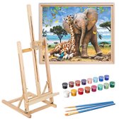 Hobbyz Schilderset Incl. Schilderen op Nummer Canvas, Verf Penselen, Spanraam en Schildersezel – Schildersdoek 40 x 50 cm – Hobby voor Volwassenen en Kinderen – Dieren / Olifant en Giraffe Ve