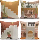 Sierkussens set 4 stuks - INCLUSIEF BINNENKUSSENS 45x45 cm - cactus - bruin - geel - dubbelzijdig bedrukt - kussensloop - kussens woonkamer - kussenhoes