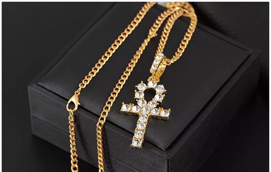 18K Ketting met Krystallen Kruis Egyptische Ankh Pendant Verguld Goud [GOLD-PLATED] [ICED OUT] [26 - 65CM] - Gold Plated Necklace Shiny Crystal Cross Egypte
