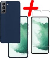 Hoes Geschikt voor Samsung S22 Plus Hoesje Siliconen Back Cover Case Met Screenprotector - Hoesje Geschikt voor Samsung Galaxy S22 Plus Hoes Cover Hoesje - Donkerblauw