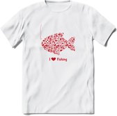 I Love Fishing - Vissen T-Shirt | Rood | Grappig Verjaardag Vis Hobby Cadeau Shirt | Dames - Heren - Unisex | Tshirt Hengelsport Kleding Kado - Wit - S