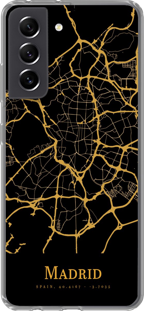 Telefoonhoesje Geschikt voor Samsung Galaxy S21 FE hoesje - Madrid - Kaart - Goud - Siliconen Telefoonhoesje Telefoonhoesje